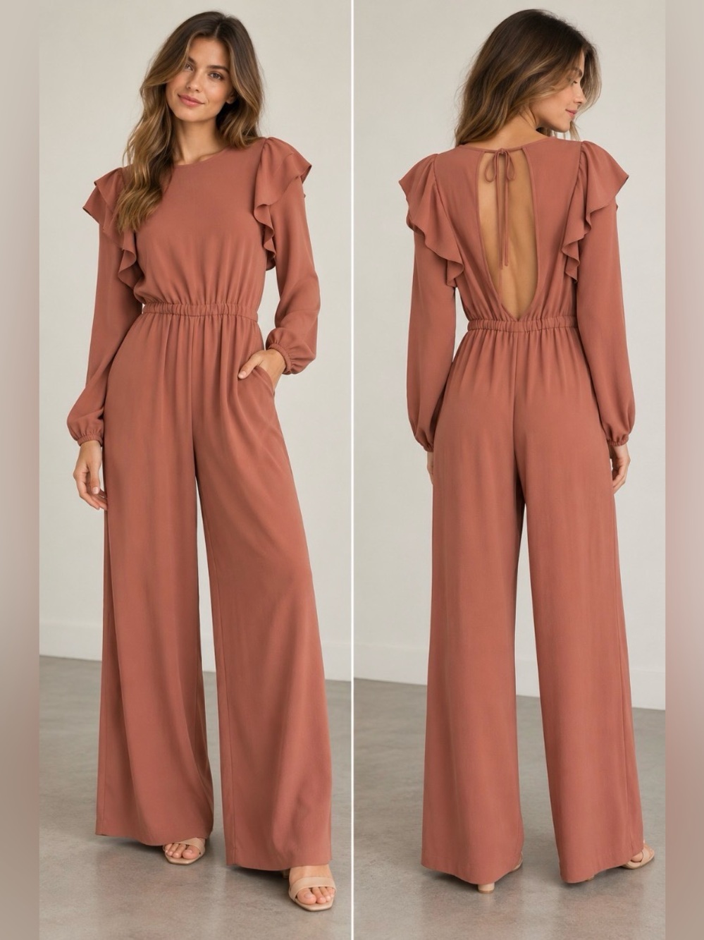 Aritzia Wilfred Fleurette Wide Leg Jumpsuit Cider Gold Ruffle Open Back XS
